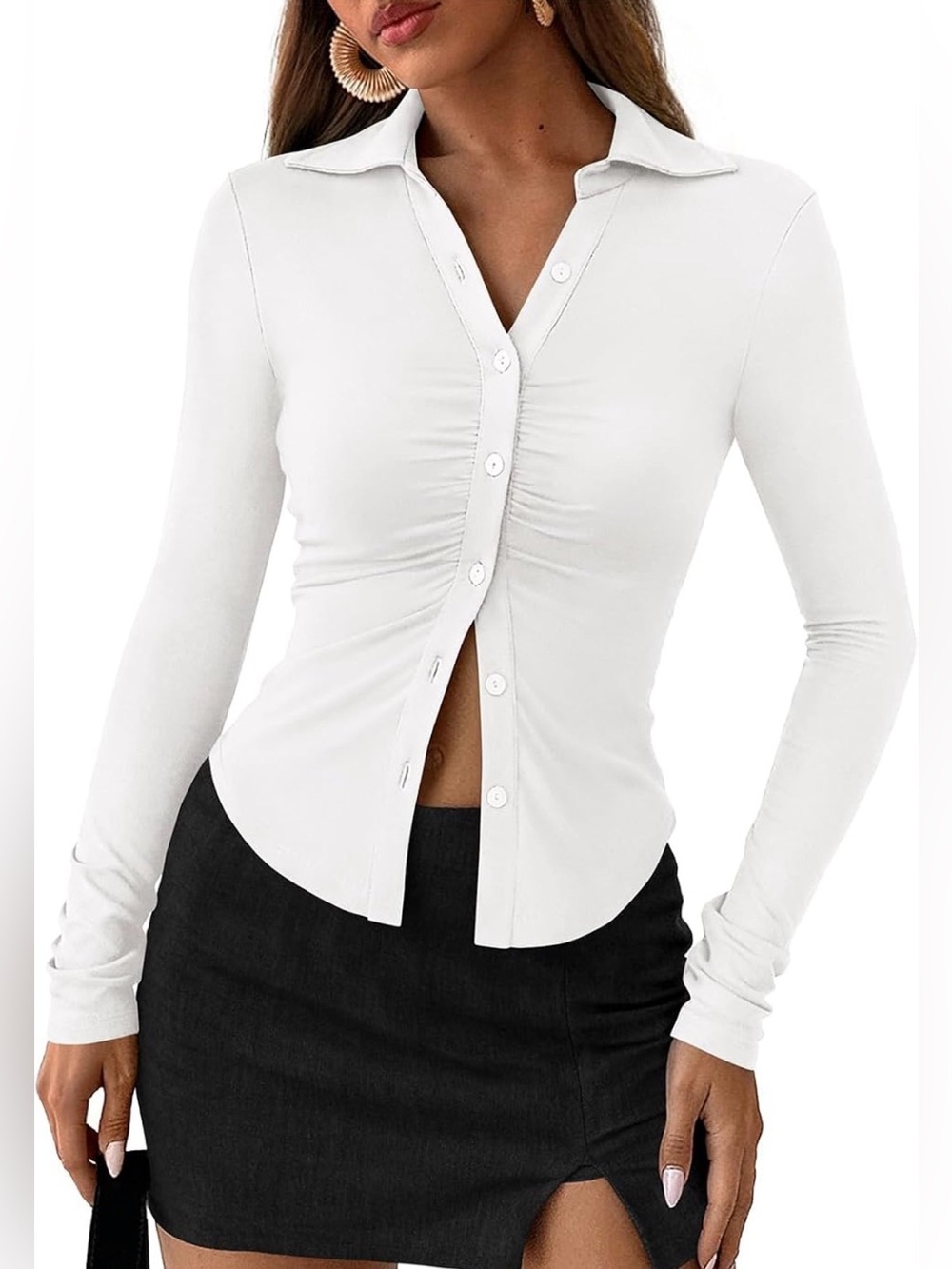 Slim Ruched White Button-Down Top with Collar - Women